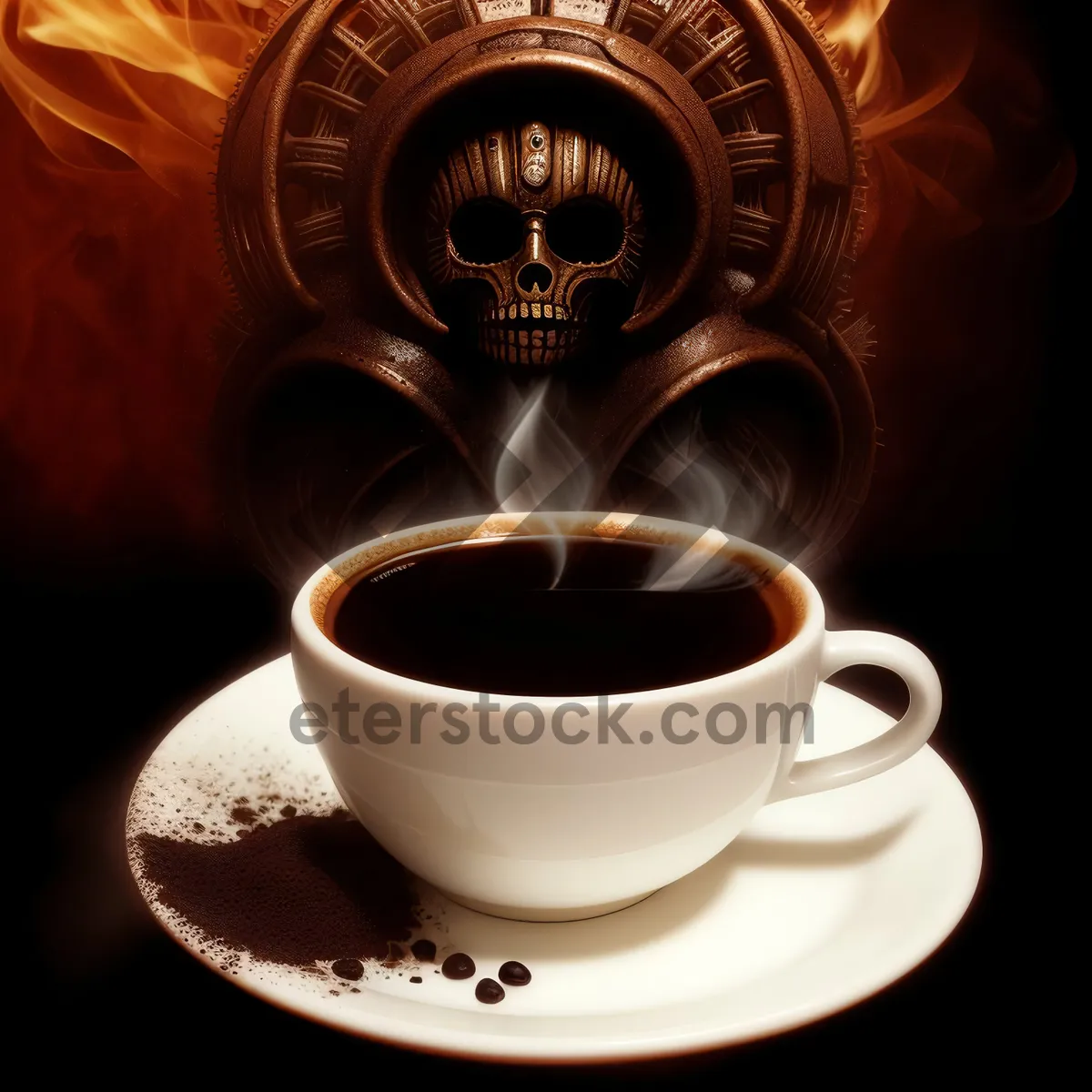 Picture of Hot Coffee Mug on Table with Saucer