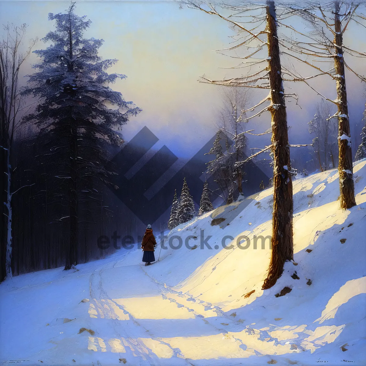Picture of Wintry Forest Landscape with Snowy Mountains
