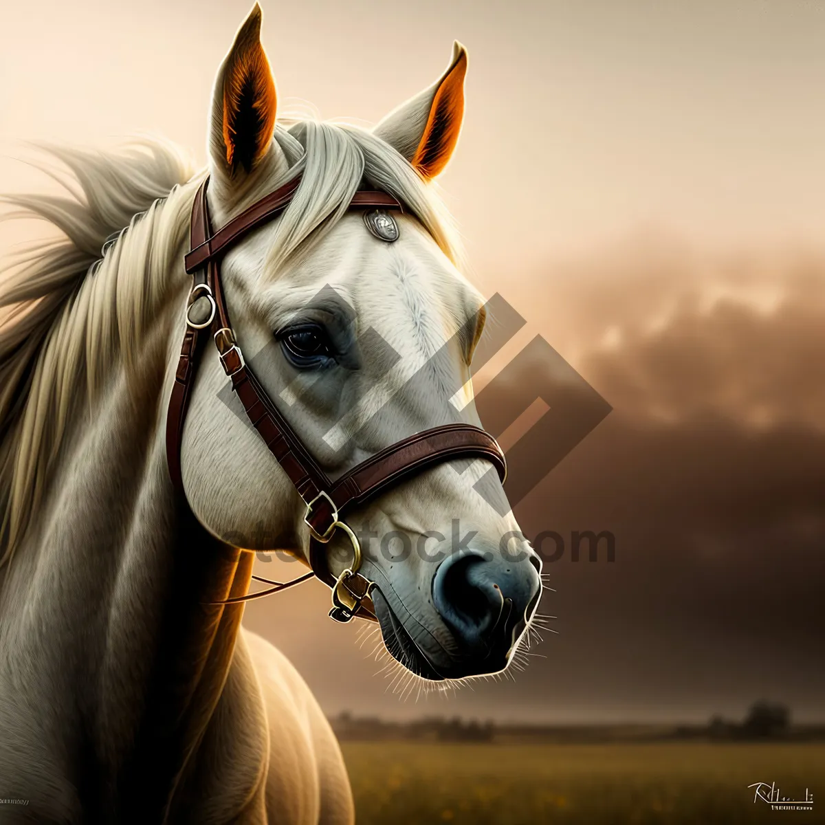 Picture of Thoroughbred Stallion with Bridle in Field