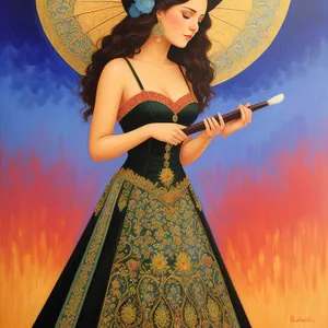 Seductive brunette lady with lute exudes timeless elegance