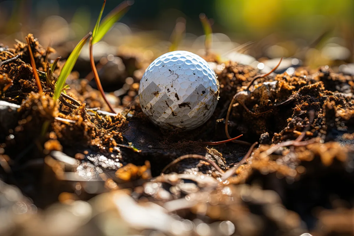 Picture of Golf ball on tee on grass with device.