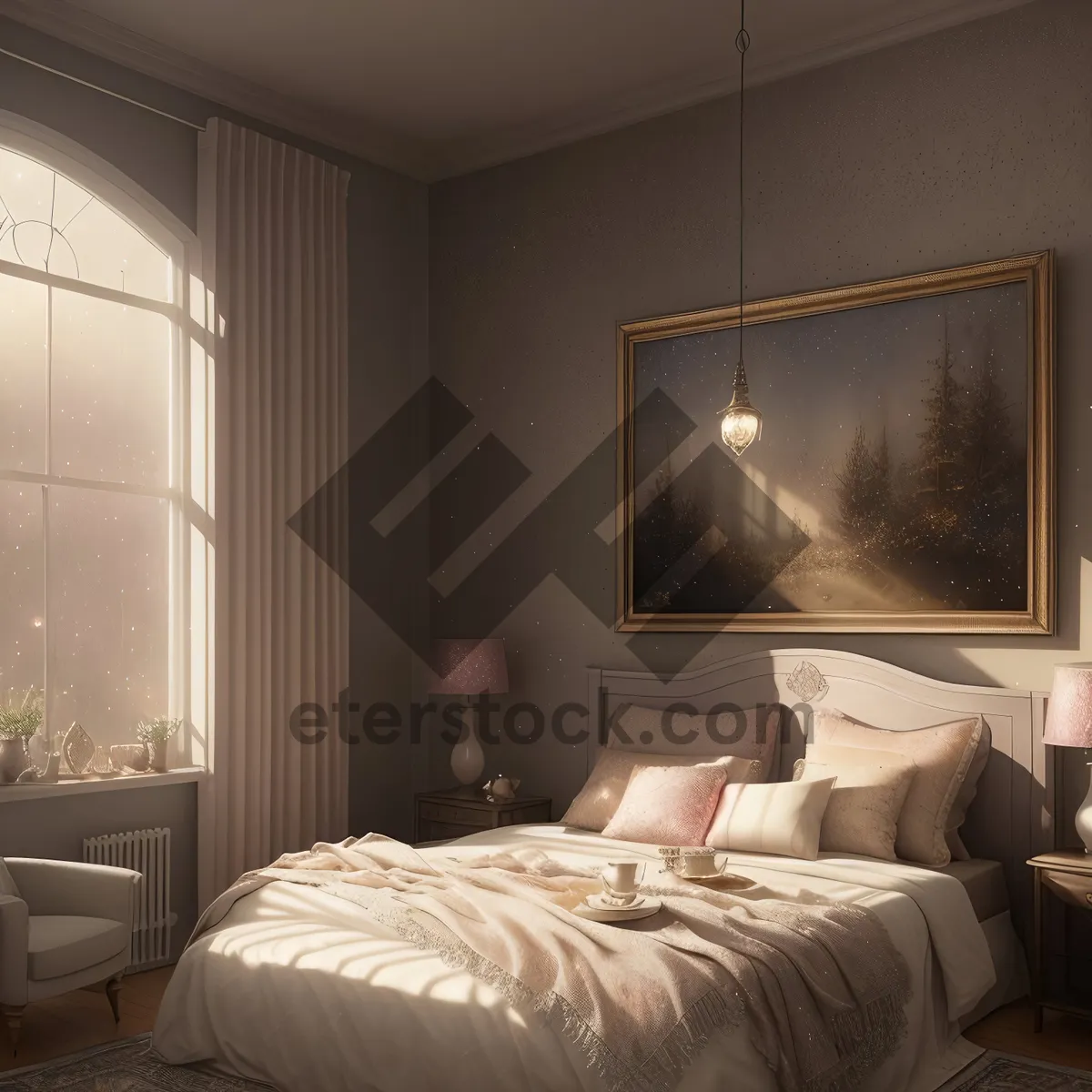 Picture of Modern Luxury Bedroom Interior with Comfortable Bed and Stylish Decor