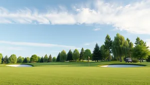 Colorful golf course with flag under clear sky