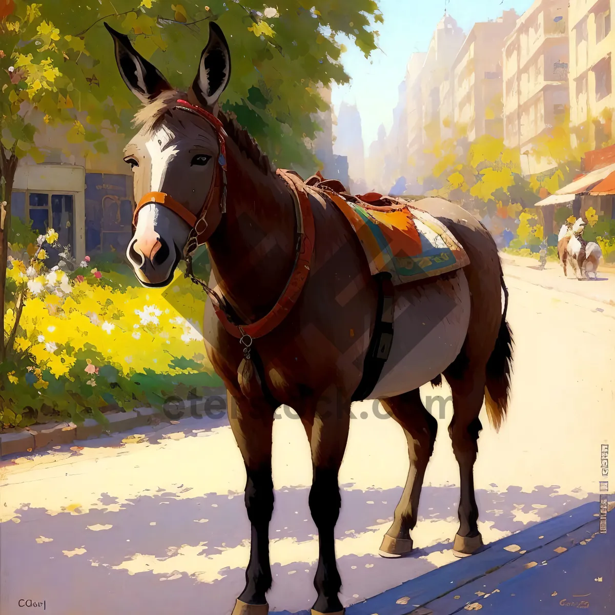 Picture of Brown horse with bridle and harness