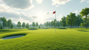 Golfer on green with flag against cloudy sky