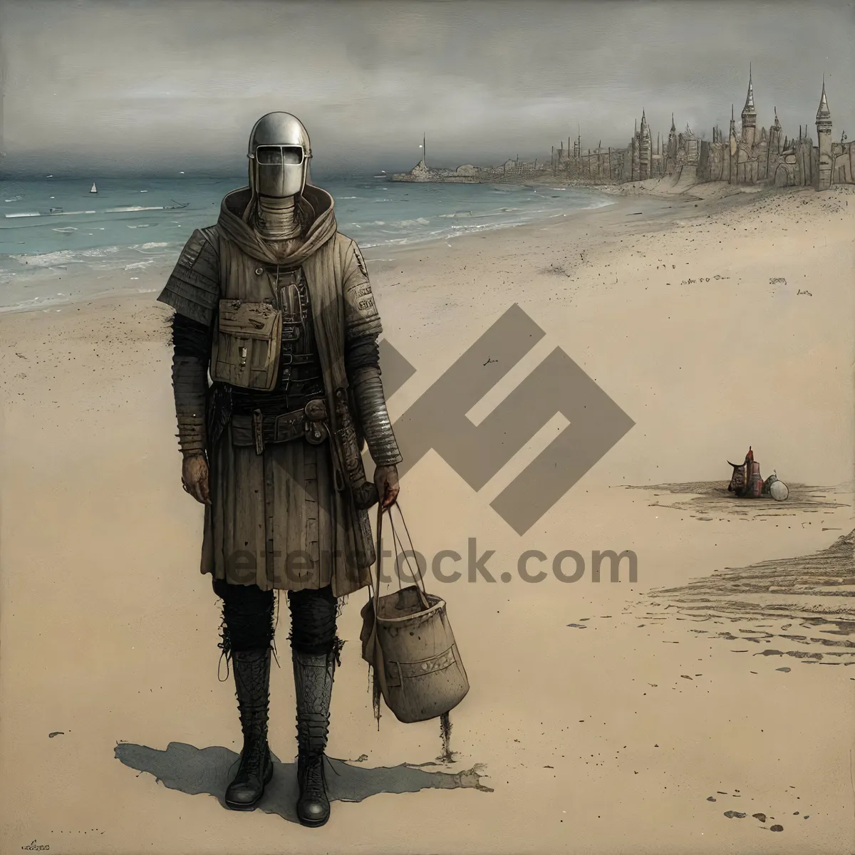 Picture of Man on Beach with Crutch and Rifle