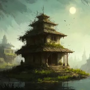 Ancient Pagoda by the Lake at Sunrise