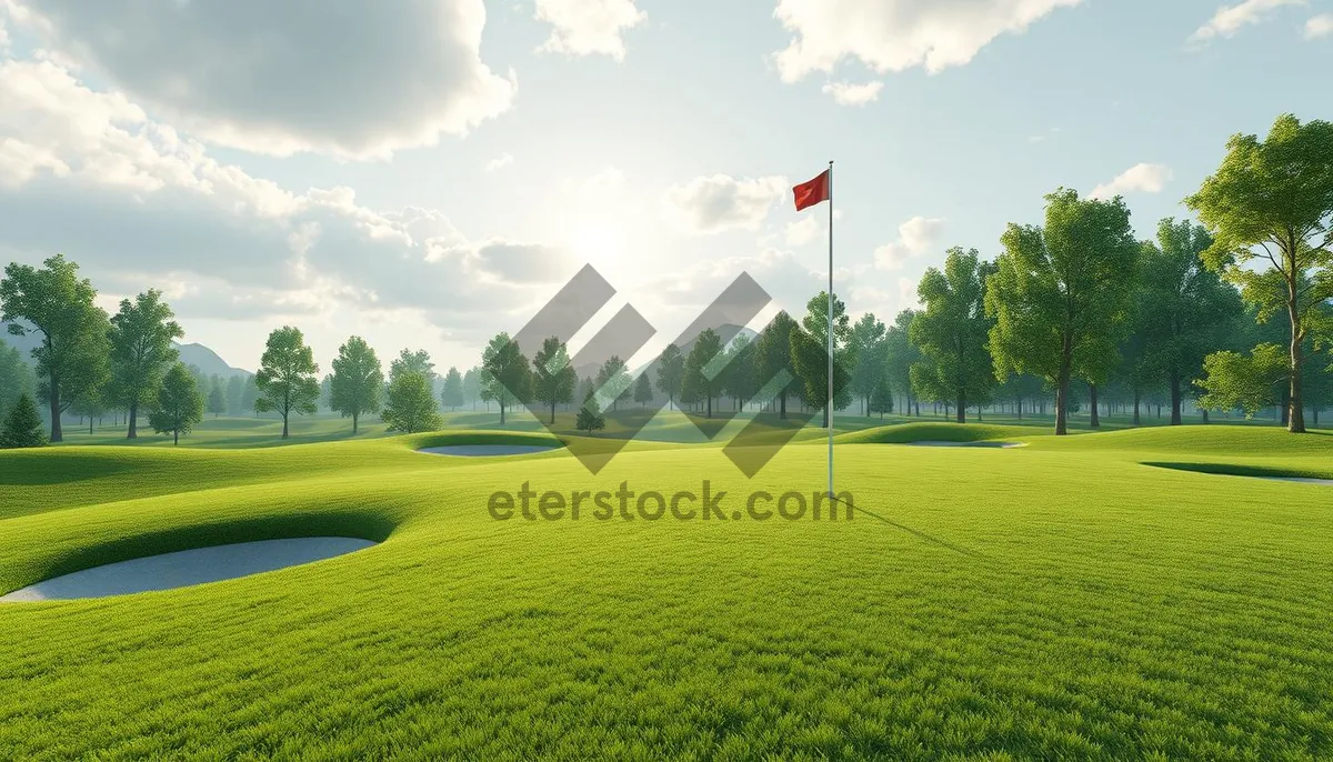 Picture of Golfer on green with flag against cloudy sky