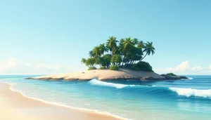 Tropical paradise beach with palm trees and waves.