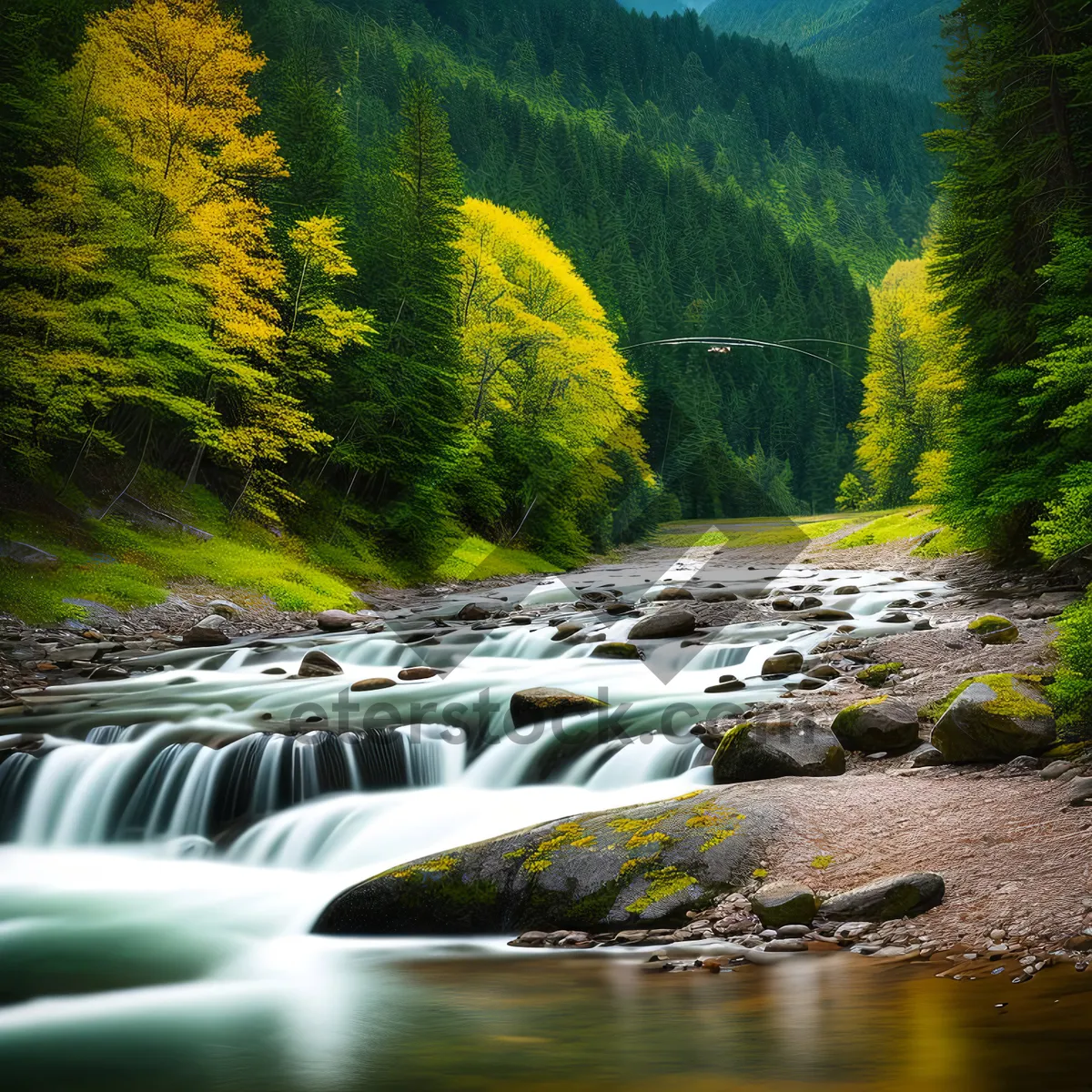 Picture of Serene River Flow Through Autumn Forest