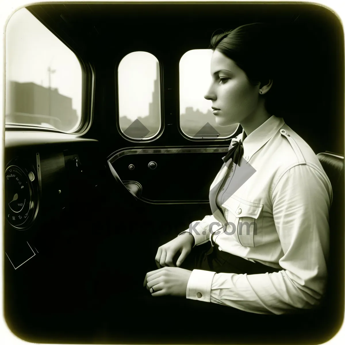 Picture of Happy person seated in car, admiring mirror reflection.