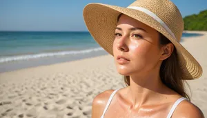 Smiling model in cowboy hat on beach