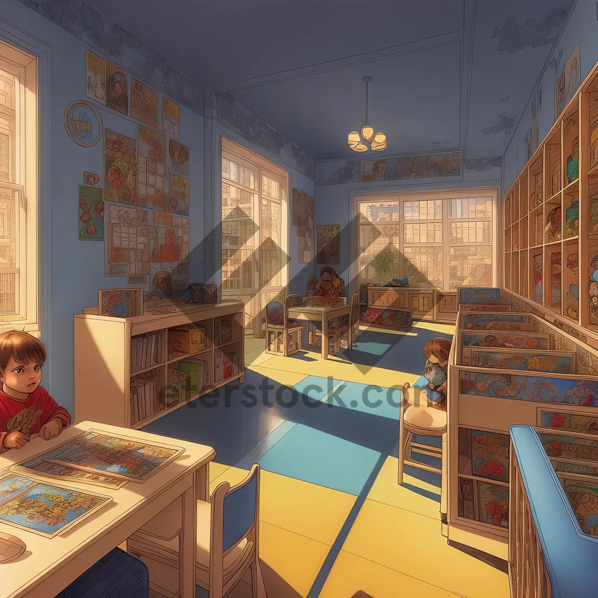 Picture of Modern Library Room with Wooden Table and Chair