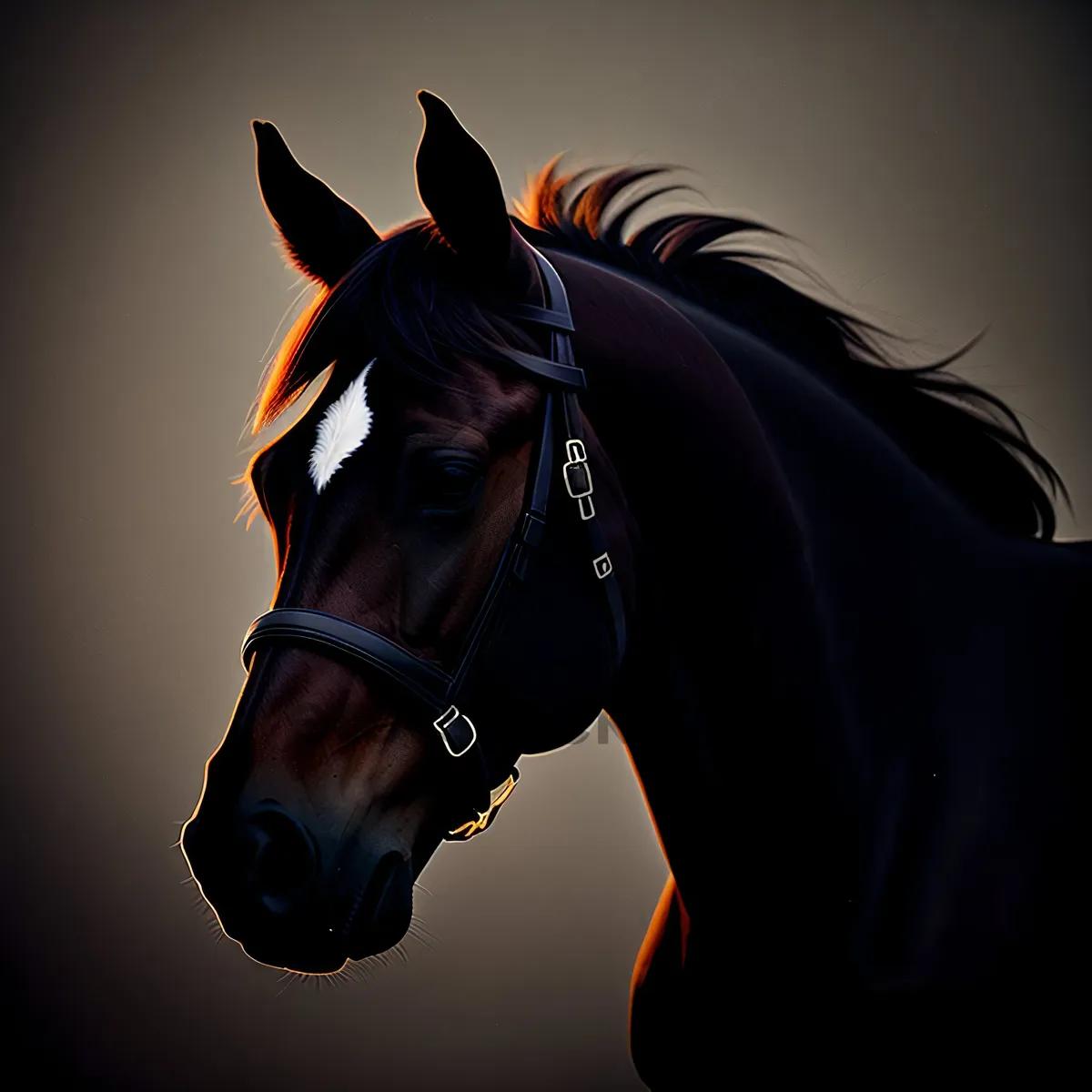 Picture of Thoroughbred stallion with bridle in equestrian field
