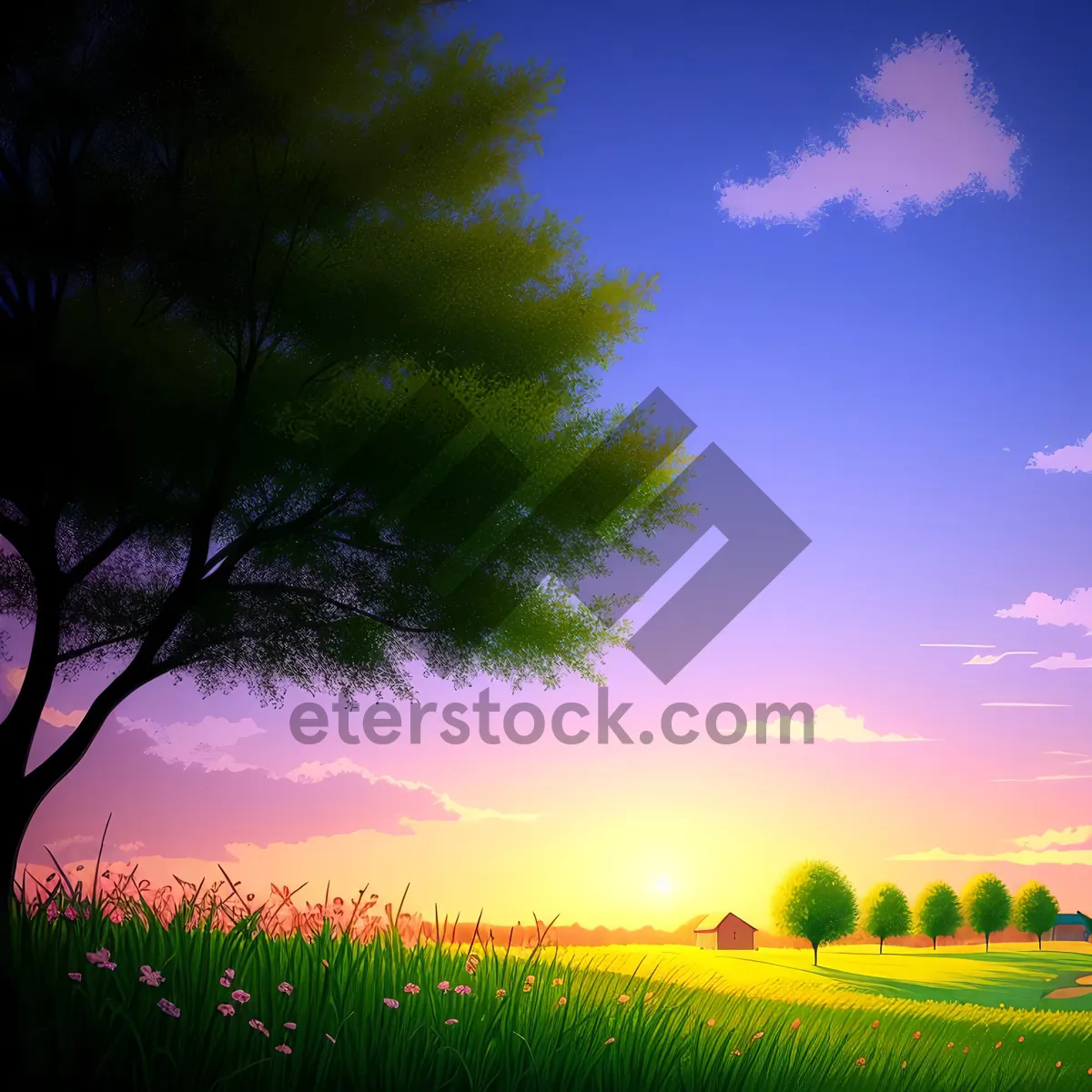 Picture of Serene countryside horizon amidst lush meadow, under sunny skies.