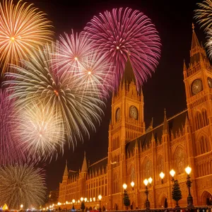 Ancient Skyline Illuminated by Towering Fireworks.