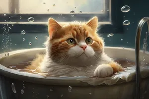 Striped tabby cat sitting in bathtub