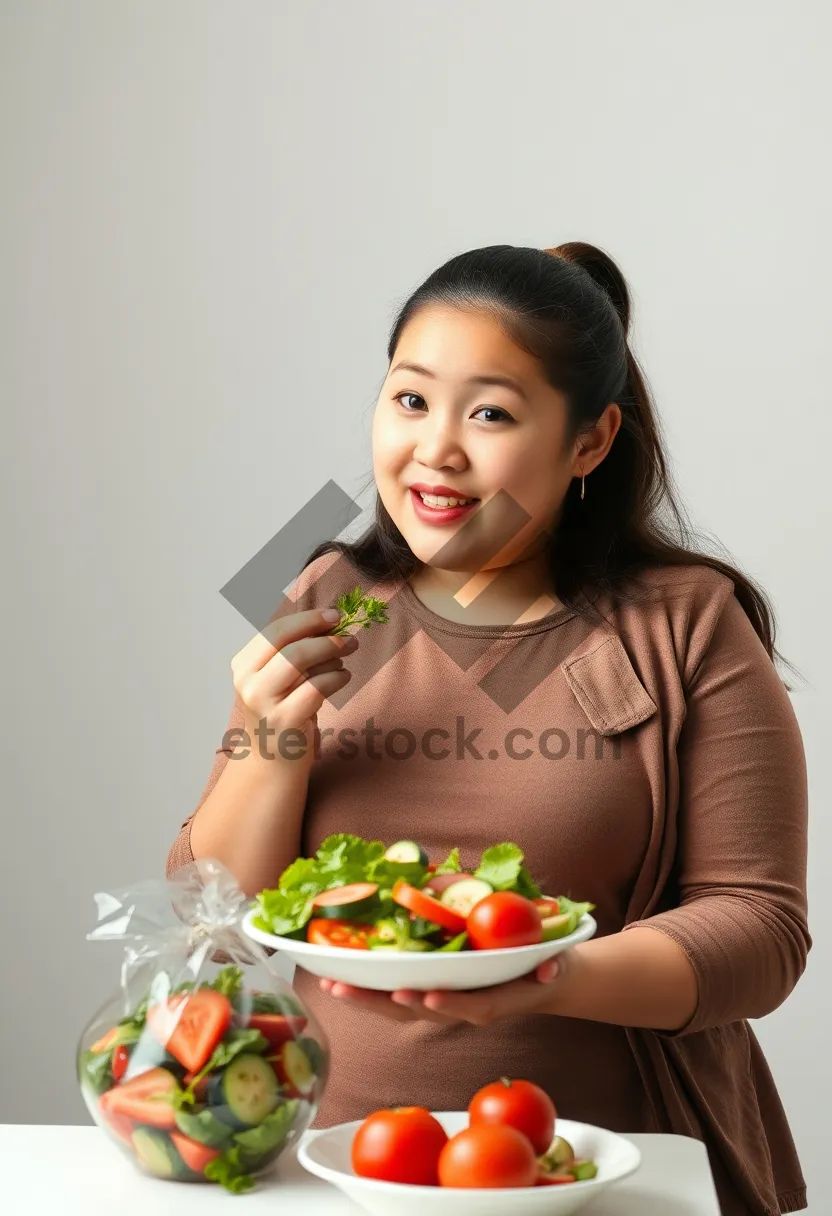 Picture of Smiling woman cooking healthy vegetable salad at home