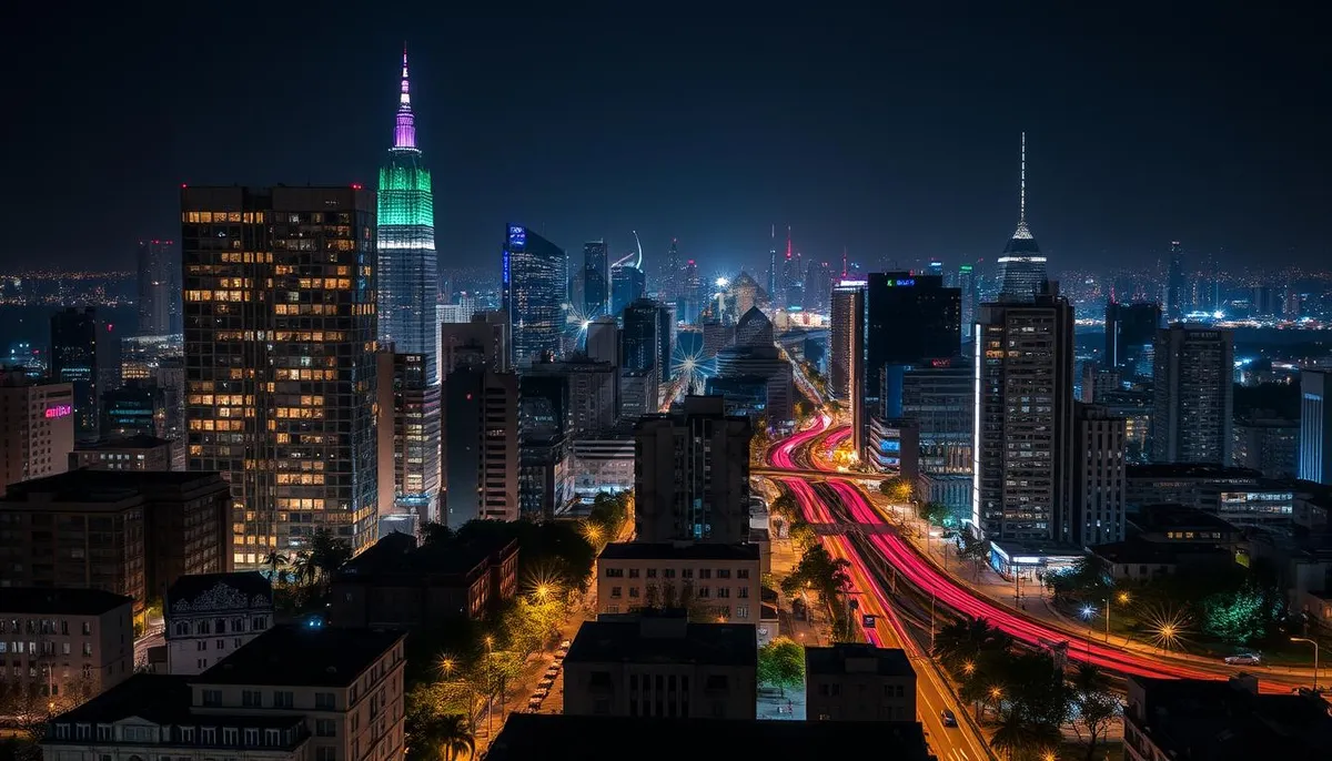 Picture of Metropolitan skyline at dusk with modern skyscrapers.