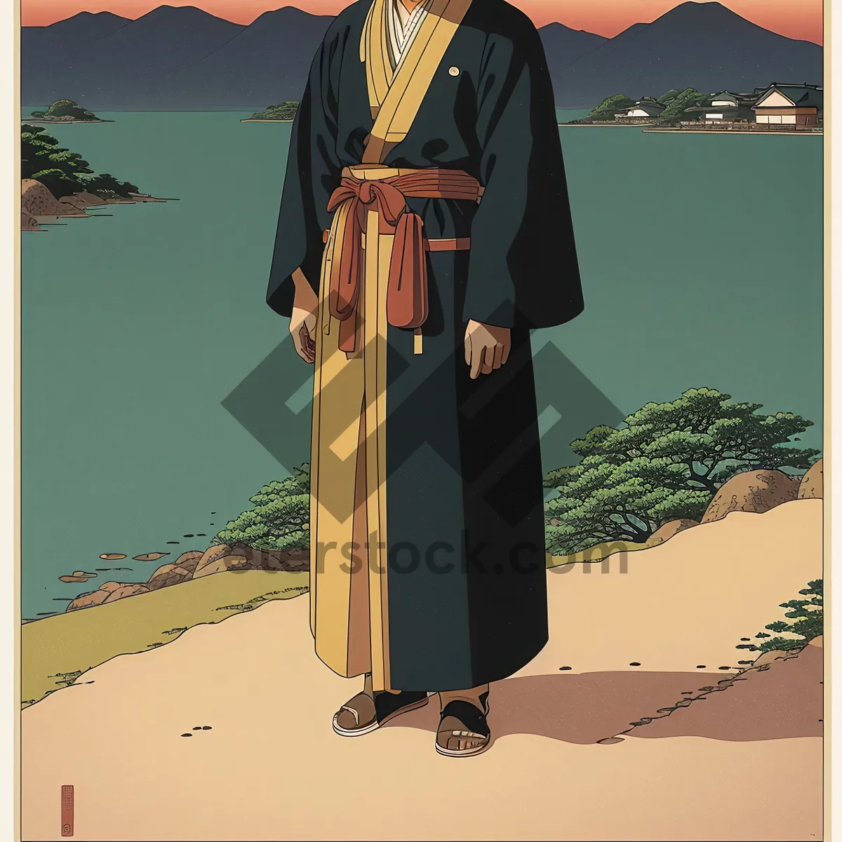 Picture of Stylish Kimono Robe with Traditional Pipe Instrument