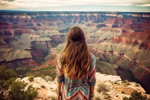 Tourist overlooking Grand Canyon in orange skirt.