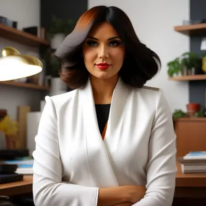 Smiling brunette businesswoman working on laptop in office