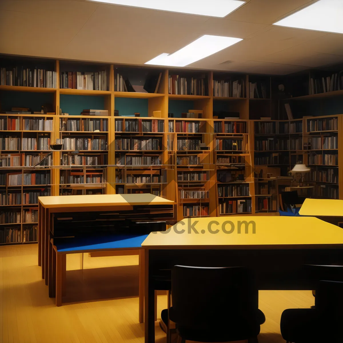 Picture of Modern library interior with wooden bookshelves and sofa