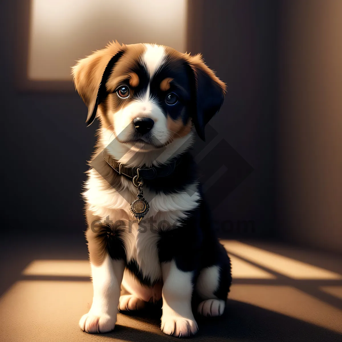 Picture of Adorable Brown Terrier Puppy with Collar Sitting and Looking