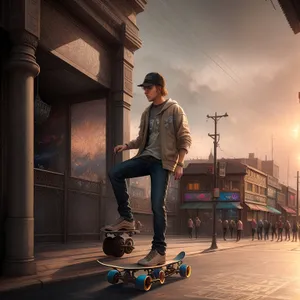 Skateboarder gliding on wheeled vehicle through urban streets.