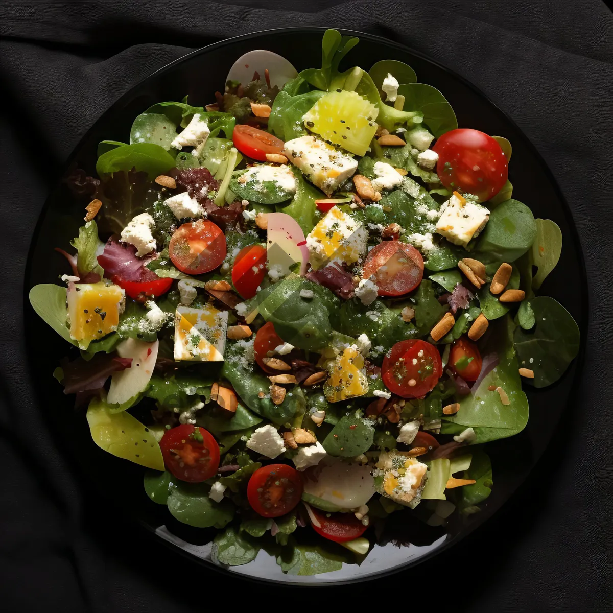 Picture of Fresh Vegetable Salad with Grilled Chicken and Tomato Slices.