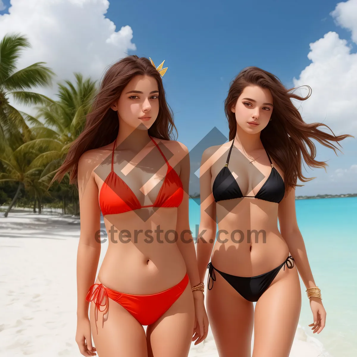 Picture of Fashionable bikini-clad brunette posing at the beach