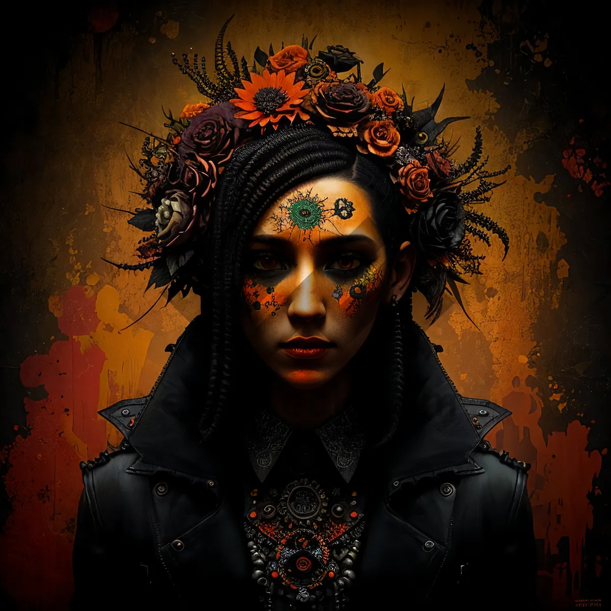 Picture of Sexy brunette lady in elegant sorcerer mask portrait