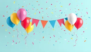 Colorful birthday party decoration with balloons and confetti.