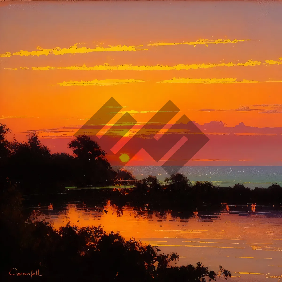 Picture of Golden Horizon Over Ocean: Tranquil Sunset Reflections on Beach