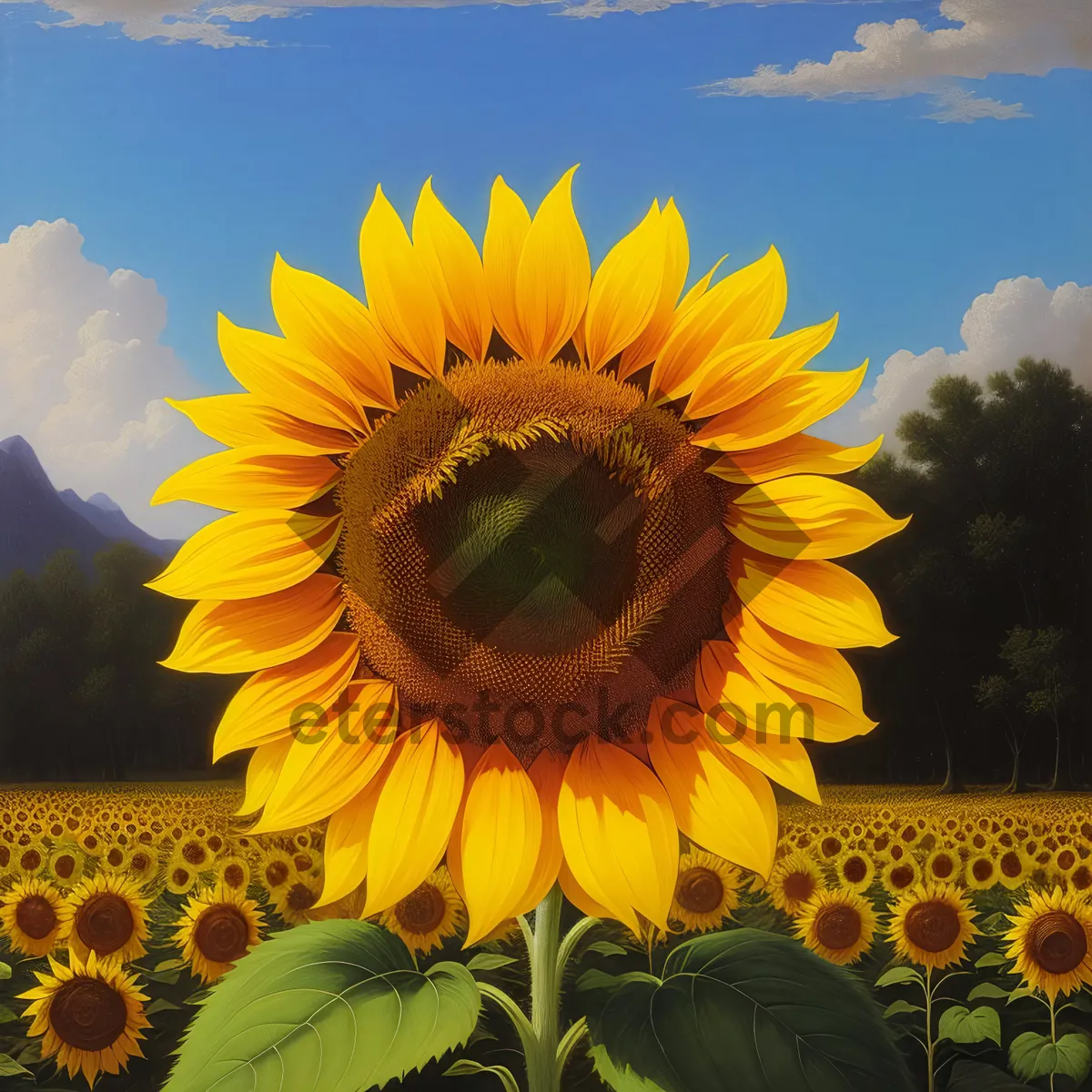 Picture of Vibrant yellow sunflower blooming in the countryside field.