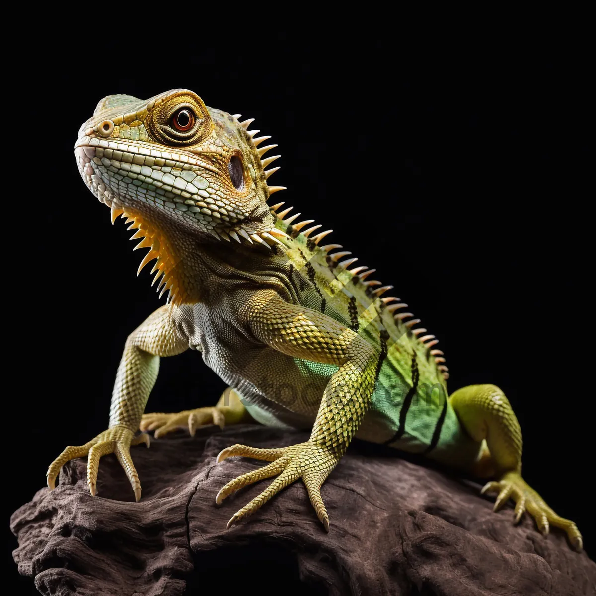 Picture of Green lizard camouflaged on tree branch.