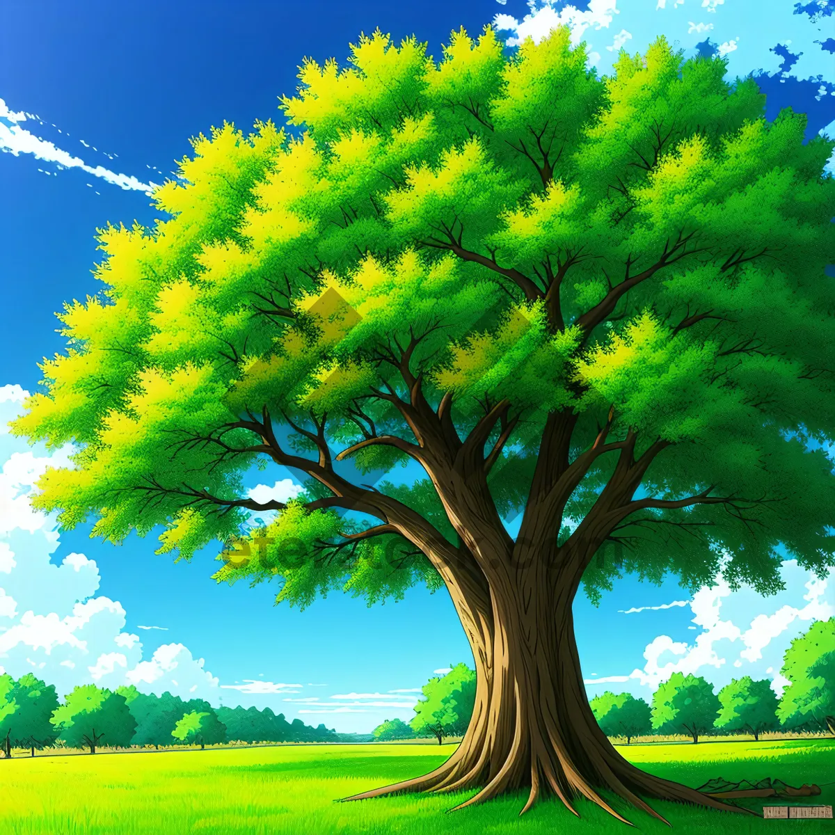 Picture of Serene Summer Meadow Under Majestic Oak Tree