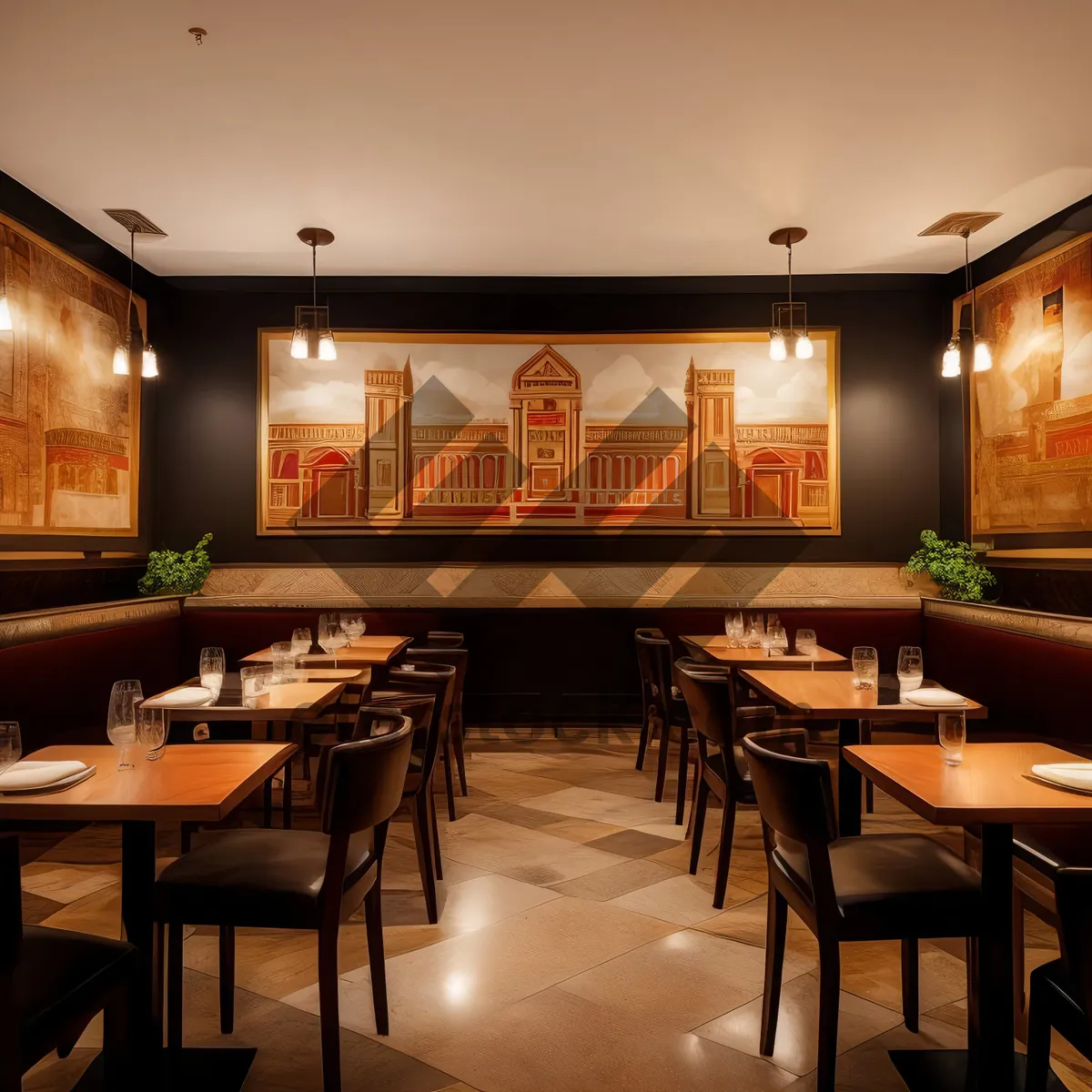 Picture of Modern luxury restaurant interior design with wooden furniture.