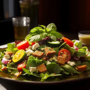 Delicious restaurant salad with fresh vegetables and cheese.