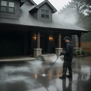 Male cleaner using squeegee for cleaning