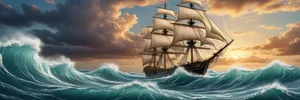 Pirate ship sailing at sunset on the ocean