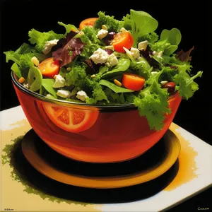 Delicious vegetarian salad bowl with fresh vegetables and herbs.