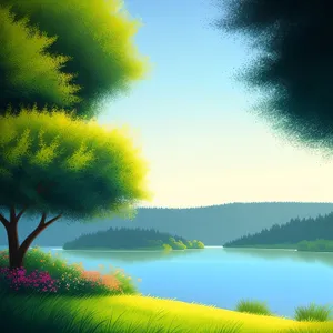 Serene Sunset over Meadow and Lake"
or
"Vibrant Landscape with Clear Skies and Lush Fields