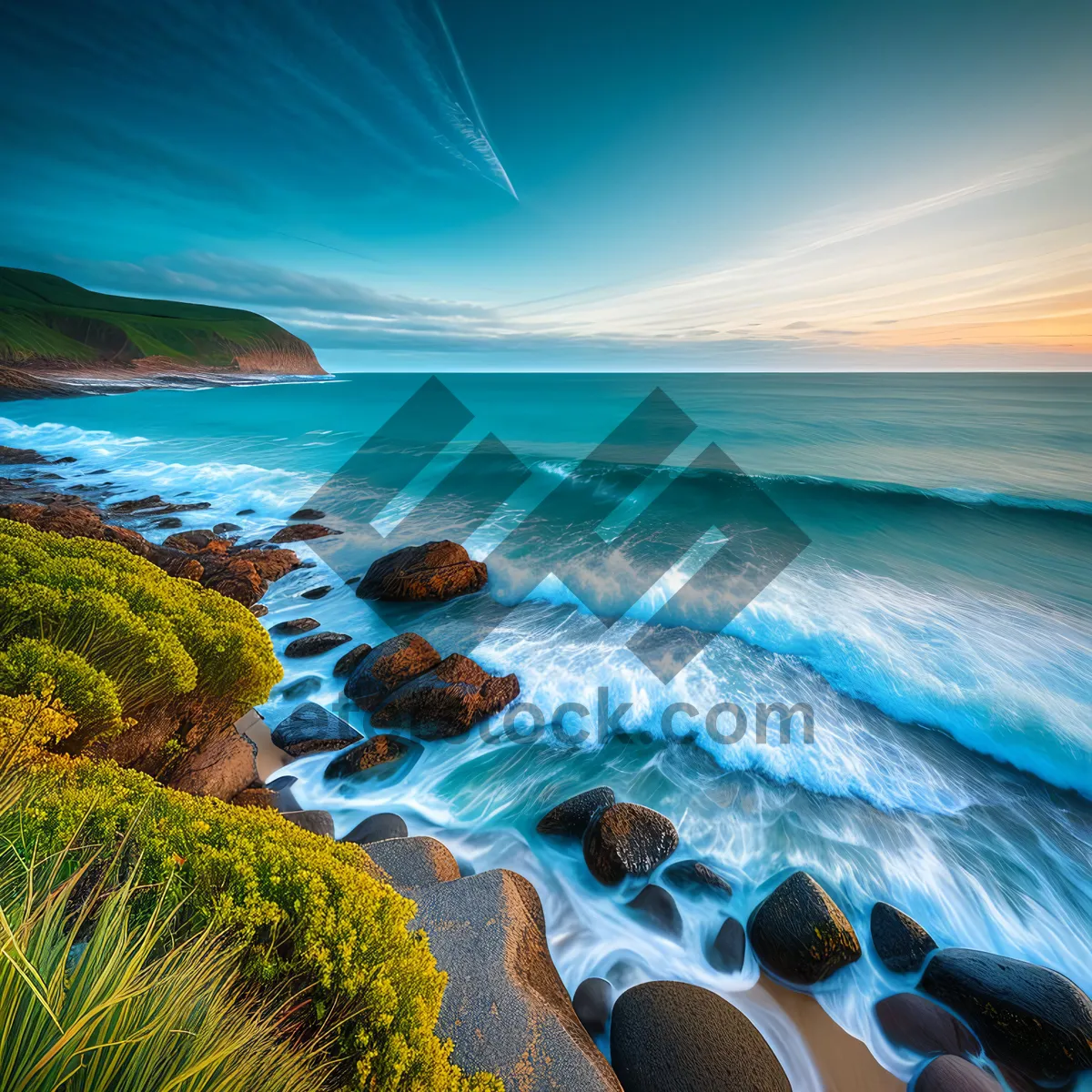 Picture of Golden Sunset over Tranquil Turquoise Seascape