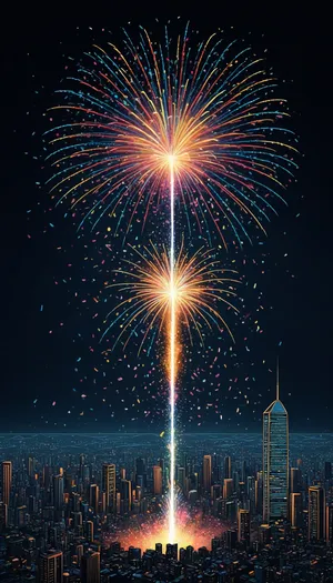 Glowing fireworks light up the night sky.