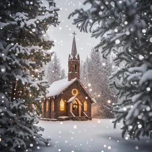 Old cathedral tower in snowy winter cityscape.