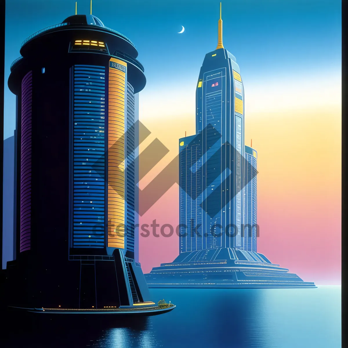 Picture of Modern city skyline with tall skyscrapers at night