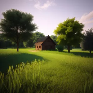 Serene farm landscape under sunny skies