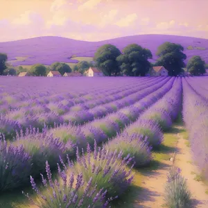 Purple Lavender Shrub in Rural Field Landscape