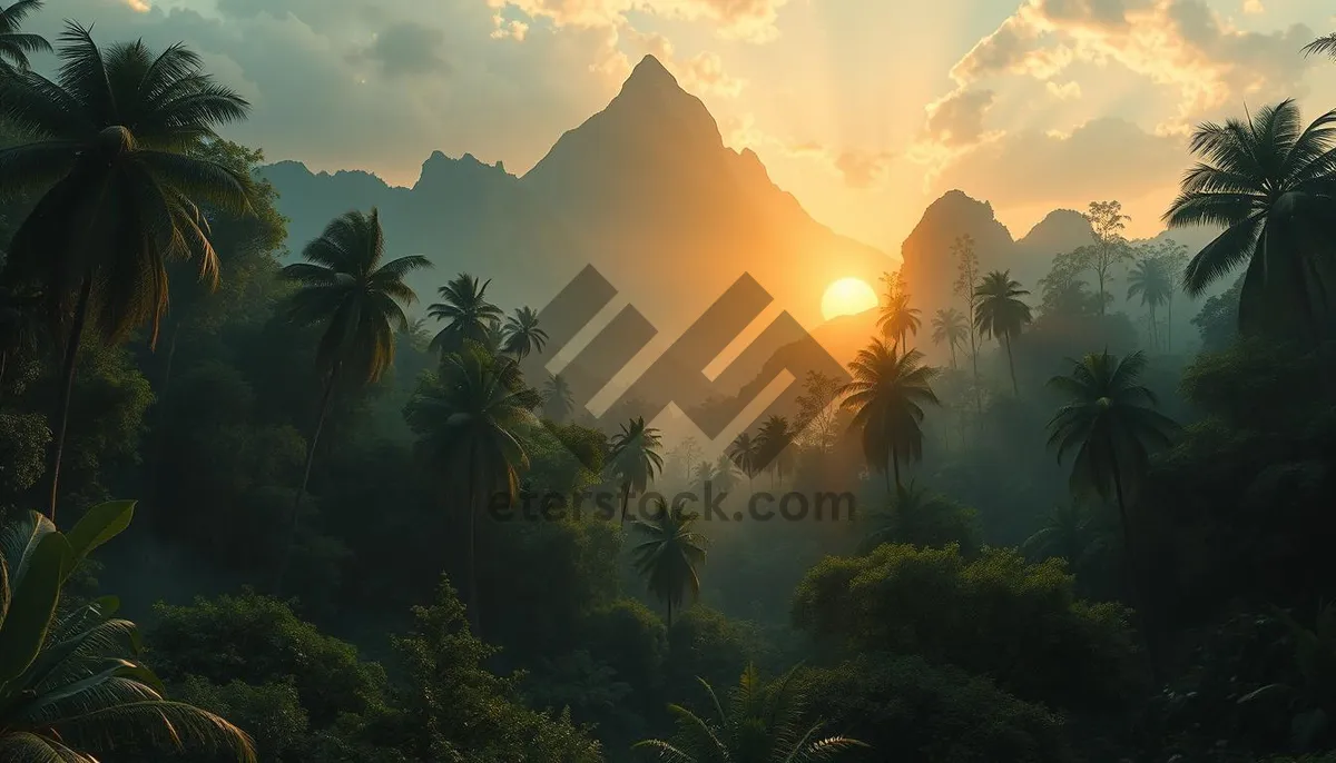 Picture of Tropical sunset over palm trees on beach island.